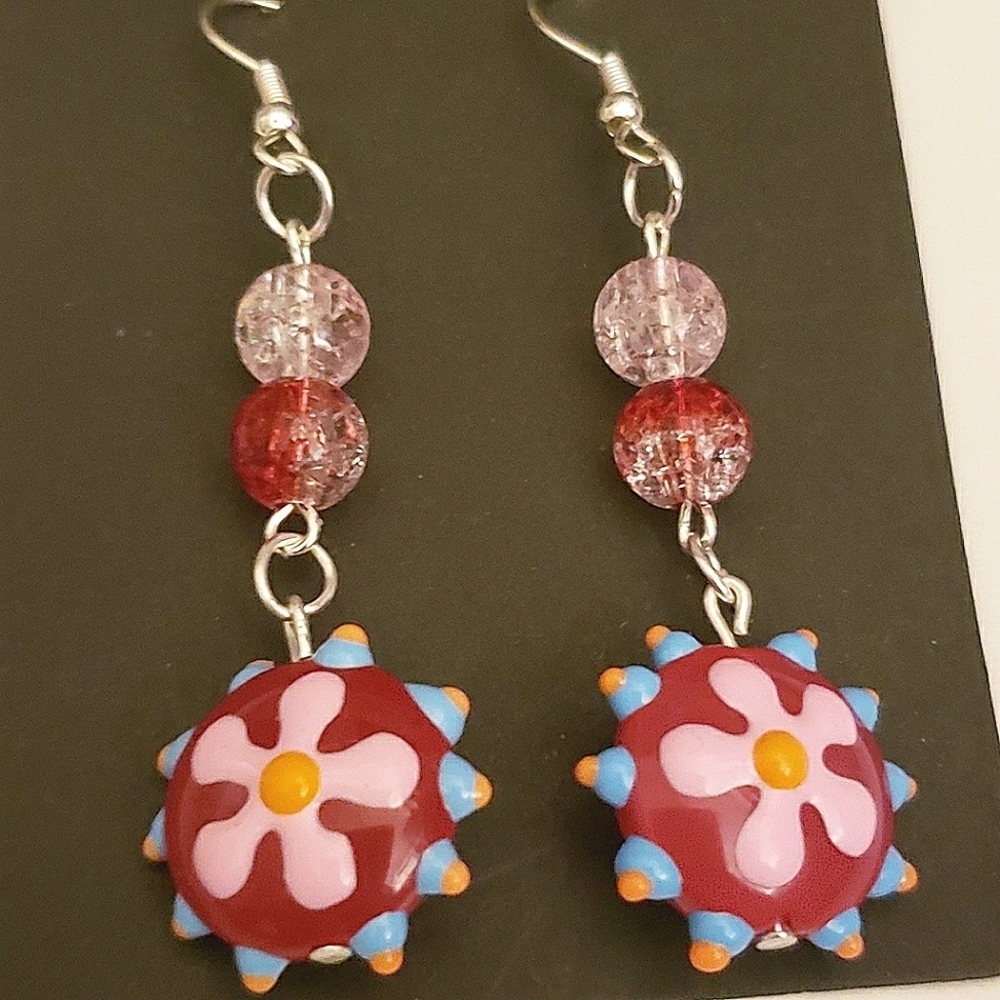 Handmade Red Pink Blue Beaded Flower Boho Dangle Earrings